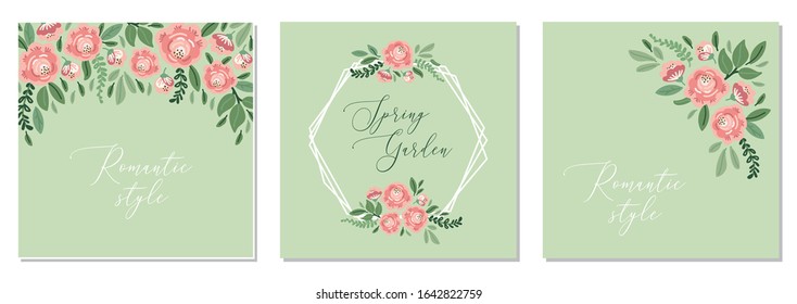 Cute botanical theme set of floral frame background with bouquets of hand drawn rustic roses spring flowers and leaves branches, vector arrangements for wedding invitation, baby or bridal shower etc