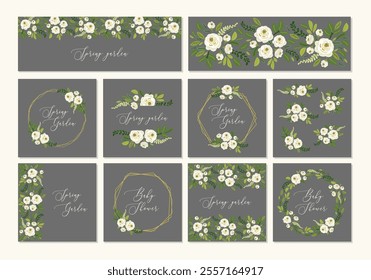 Cute botanical theme set of floral frame background with bouquets