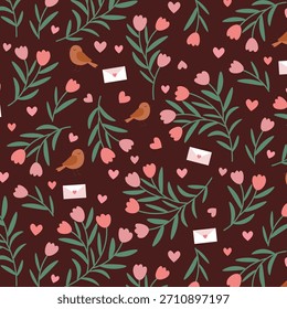 Lindo patrón botánico de San Valentín con aves, corazones, flores y cartas de amor