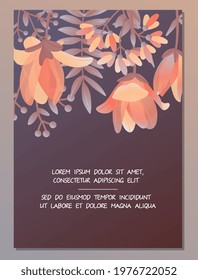 Cute botanical wedding invitation card with beautiful flowers. Concept of pink lily flowers and leaves in vintage style. Flat cartoon vector illustration