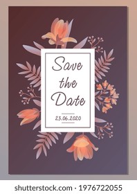 Cute botanical wedding invitation card with save the date lettering. Concept of pink lily flowers and leaves in vintage style. Flat cartoon vector illustration