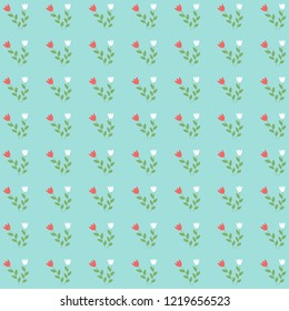 Cute botanics pattern with red and white flower and leaf on pastel blue background in minimal and abstract style look so sweet for wallpaper and all design. Vector concept about environment and plant.