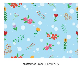 Cute botanics seamless pattern with colorful flower and leaf and white dot on pastel blue background in minimal abstract for wallpaper and sweet design. Vector concept about environment and plant.