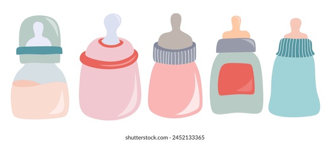 Cute bottle of baby pacifier vector set.