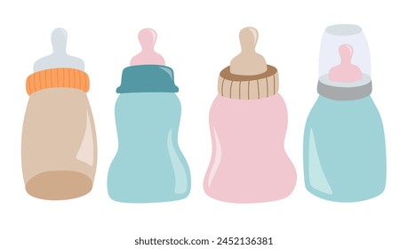 Cute bottle of baby pacifier vector set.