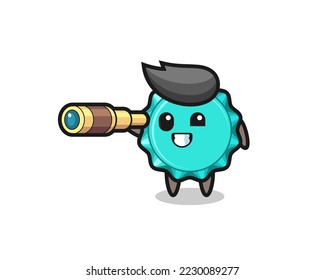cute bottle cap character is holding an old telescope , cute style design for t shirt, sticker, logo element