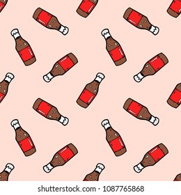 cute bottle of cola cartoon object seamless pattern on orange background, vector doodle art