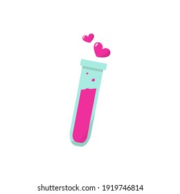 Cute bottle love potion and flask of magic elixir. Test tube love fluid reaction laboratory bottle science, romantic theme.