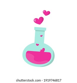 Cute bottle love potion and flask of magic elixir. Test tube love fluid reaction laboratory bottle science, romantic theme.