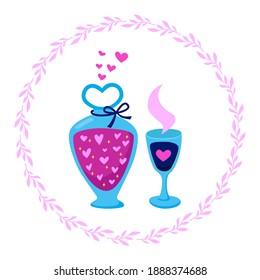 Cute bottle with love potion and glass of love drink. Decoration for postcard or poster for happy valentine's day. Vector illustration 