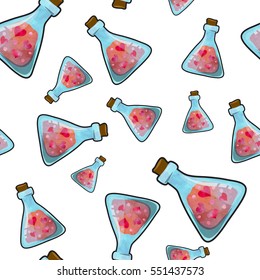 Cute bottle with love potion and hearts. Seamless pattern.