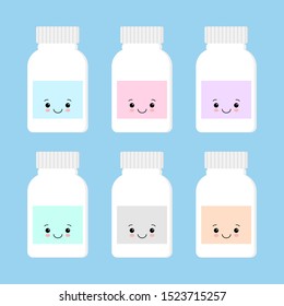 Cute bottle of medicine character vector. blue background.