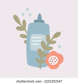 Cute bottle of natural Organic Cosmetic. Herbal skincare products with flowers and leaves. Eco friendly concept