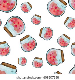 Cute bottle potion with hearts. Love magic. Seamless pattern.