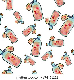 Cute bottle potion with hearts. Love magic. Seamless pattern. Watercolour imitation.