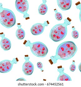 Cute bottle potion with hearts. Love magic. Seamless pattern. Watercolour imitation.