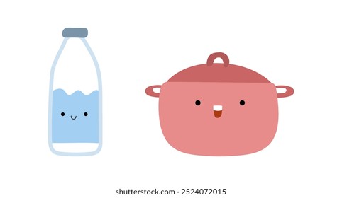 Cute bottle and saucepan with lid, isolated cartoon characters with smiling expression. Emoticons in form of pot with cap and glass container for liquid. Kitchenware utensils for home or restaurant