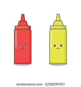 cute bottle tomato and mayonnaise mustard sauce smile cartoon vector icon illustration food object icon