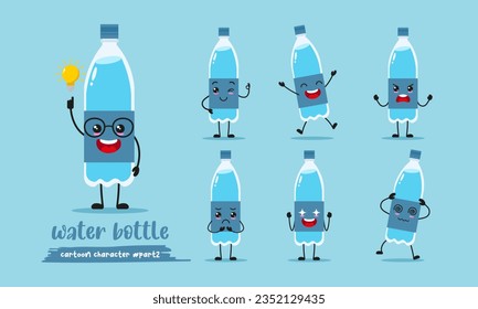 cute bottle of water cartoon with many expressions. mineral water different activity pose vector illustration flat design set.