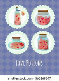 Cute bottles with magic love potion. Card design.