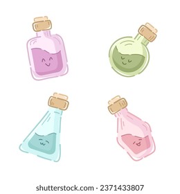 Cute bottles with magic potion set. A collection of illustrations with colorful glass jars of various shapes. Witchcraft accessories. Alchemical elixir. Bottles with magical liquids. Magic attributes.