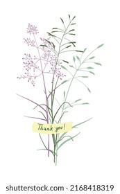 A cute bouquet of blades of grass, a summer collection of different herbs with a piece of paper with an inscription glued on. On a white background. Vector illustration