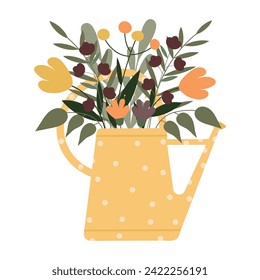Cute bouquet in cartoon style. Vector flat illustration of plants in a watering can.