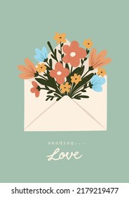 A Cute Bouquet of Colorful Flowers in the Envelope. Hand Drawn Vector Illustration on Mint Background. Sending Love Lettering. Isolated Graphic. Design Ideal for Greeting Card or Invitation.