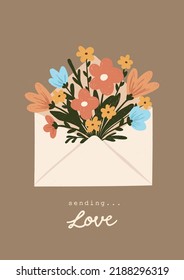 A Cute Bouquet of Colorful Flowers in the Envelope. Hand Drawn Vector Illustration on Brown Background. Sending Love Lettering. Isolated Graphic. Design Ideal for Greeting Card or Invitation.