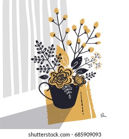Cute bouquet of flowers and branches. Vector illustration.