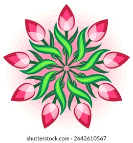Cute bouquet of flowers. Bright positive round ornament of tulips. Spring floral mandala. Design element of red pink flowers on pink background. Clear spring colors