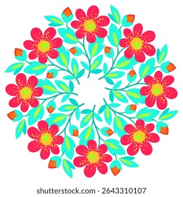 Cute bouquet of flowers in folklore style. Bright positive round plant ornament. Summer floral mandala. Design element of red blue flowers on white background