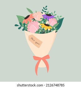 Cute bouquet of flowers with 'for you' note. Bouquet for International Women's Day and Mother's Day. Flat vector illustration. Hand drawn greeting card