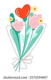 Cute bouquet of flowers hand drawn, line illustration. Design for a greeting card for Valentine's Day, mother's day, women's day, birthday. Perfect for, banner, card, postcard, cover. Editable stroke.