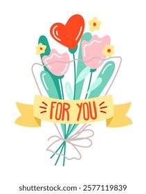 Cute bouquet of flowers in hand drawn and line style illustration. Design for a greeting card for Valentine's Day, mother's day, women's day, birthday. Editable stroke.