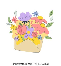 Cute bouquet of flowers with leaves  in an envelope. Beautiful spring flowers in an envelope. Flower present. Spring concept. Spring package