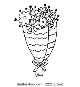 Cute bouquet with flowers and leaves in the shape of heart. Spring botanical element. Hand drawn vector doodle. Concept of love, romance. For Valentine's day card, stickers, social media, scrapbook.