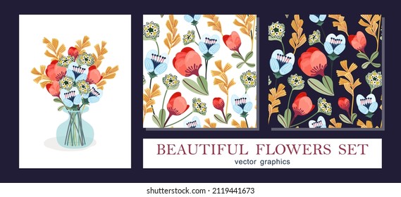 Cute bouquet of flowers in a vase. Bright simple graphics in a cartoon style. Floral set of bouquet and seamless patterns. Vector template