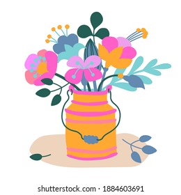 Cute bouquet of flowers in water can, vase. Spring vector illustration for scrapbooking, postcard, invitation. Mother's Day, Valentine's Day