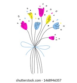 Cute bouquet of multicolor flowers in doodle style. Simple vector illustration for birthday, anniversary celebration, Mother's Day decoration. Isolated flat clipart for greeting card, party invitation