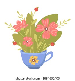 Cute bouquet of spring flowers in cup. Illustration for card, poster, invitation, print. Vector illustration isolated on a white background.