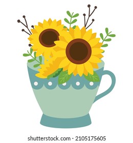 Raffinierter Sonnenblumenstrauß mit Teakup oder Vase im flachen Vektorstil. Illustration über Blume, Blumenmotiv.