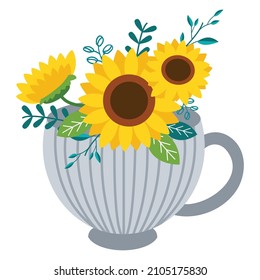 Cute bouquet of sunflower with teacup or vase in flat vector style. Illustration about flower, floral theme.