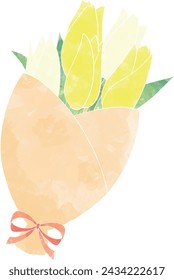 Cute bouquet of yellow tulips Watercolor Illustration