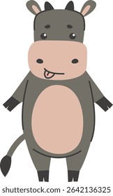A cute bovine is depicted in a minimalistic drawing style with simple shapes and lines.  This happy young calf is shown standing with its tongue playfully out. Cartoon vector illustration