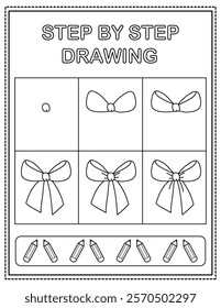 Cute bow. Book page, drawing step by step. Black and white vector coloring page.