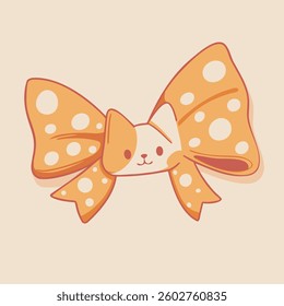 cute bow in cartoon style with a face of a cat, orange color with white polka dots, on a light background.