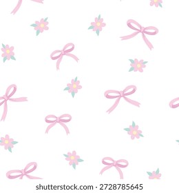Niedliche Schleife und Blumen nahtloses Vektormuster in Pastellfarben für Kindergarten-Design.