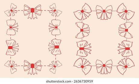 Cute bow frame for baby shower cards, girl birthday party, and invitations in adorable kawaii style. Hand drawn minimalist ribbons border illustration. Girly blank template design.