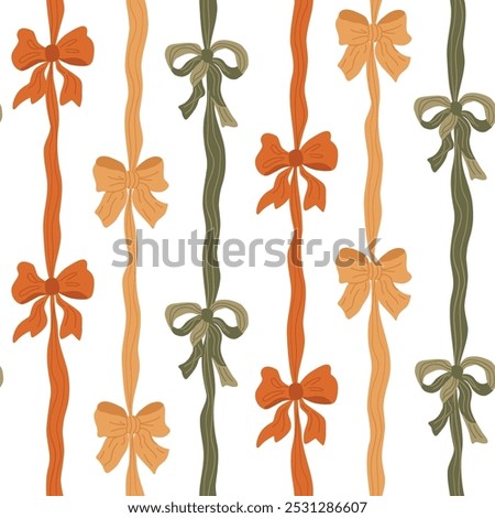 Cute bow knots and gift ribbons striped seamless pattern. Hand drawn hair accessories in autumn colors. Vector cartoon wallpaper, textile design, gift paper, repeat background, print.